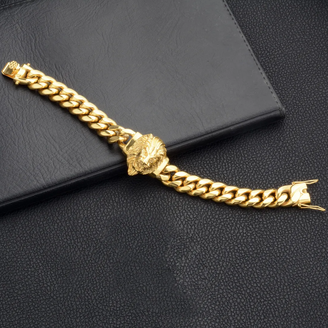 Collana con catena a maglie cubane Miami in acciaio inox con testa di leone Hip Hop da 14 mm, set di gioielli, zircone 5A placcato oro_voghion.com