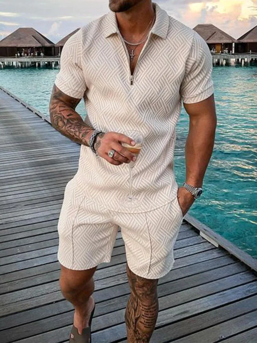 Survêtements pour hommes, ensemble de costume d'été imprimé 3D couleur unie, polo à manches courtes et short, mode fermeture éclair, deux pièces pour hommes_voghion.com