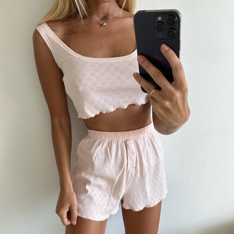 Ensemble de vêtements de nuit décontractés pour femmes, couleur unie, bretelles creuses, vêtements de maison, nouvelle collection été 2025_voghion.com