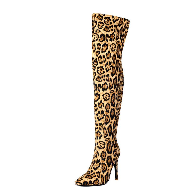 Autumn and winter high heels Pointed leopard print over knee cover legs slimming elastic boots large size 40-47 women's_voghion.com