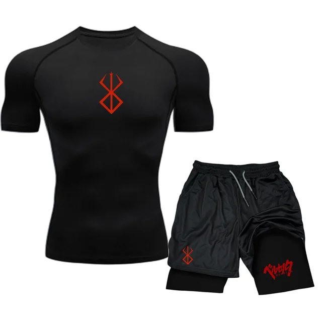 Men's Compression Sportswear Suit Gym Short Sleeved T-Shirt Sports Set Goku 2Pcs Workout Jogging Shorts 2 In 1 Fitness Tracksuit_voghion.com