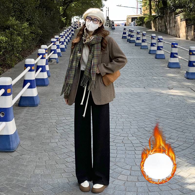 Pantalon tricoté rose imitation cachemire pour femme, automne et hiver, velours épais, taille haute, drapé, ample, décontracté, droit, jambes larges_voghion.com