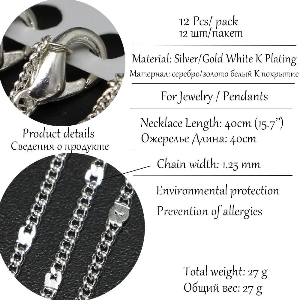 Catena con chiusura a moschettone da 40 cm e 1,25 mm per la creazione di gioielli fai da te con collana in rodio e argento, accessori da 12 pezzi/confezione_voghion.com