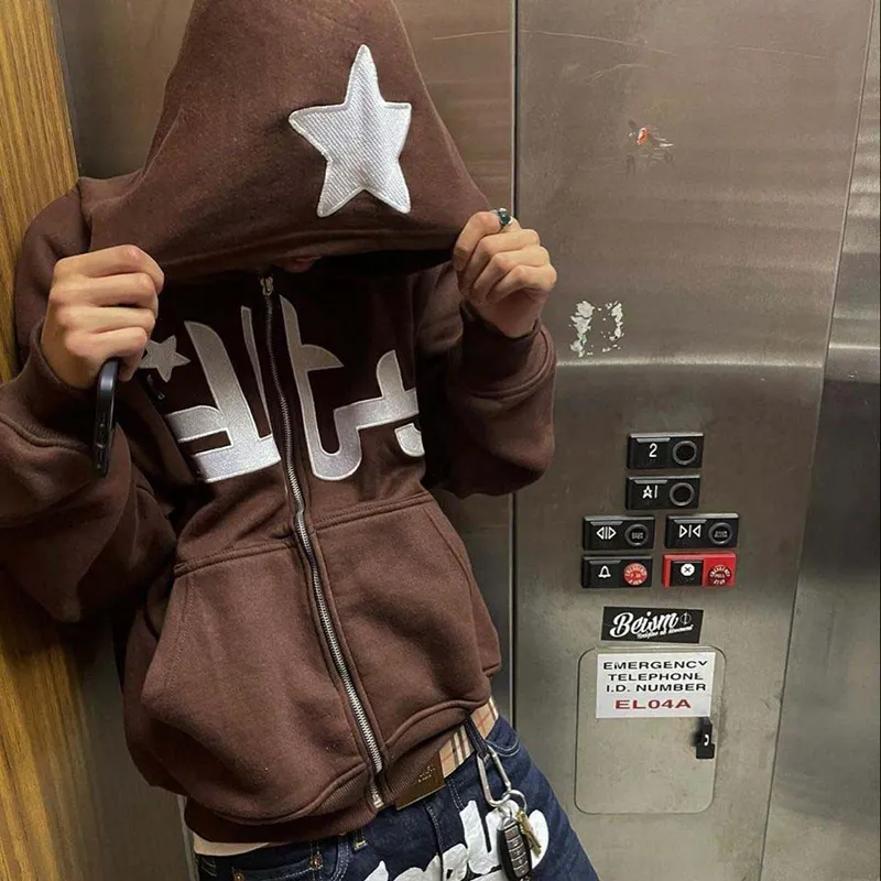 Felpe con cappuccio da uomo Felpe con cappuccio da uomo con lettere a stella stampate Haruku High Street Y2K Streetwear Hip Hop Gothic Zip Up Loose_voghion.com