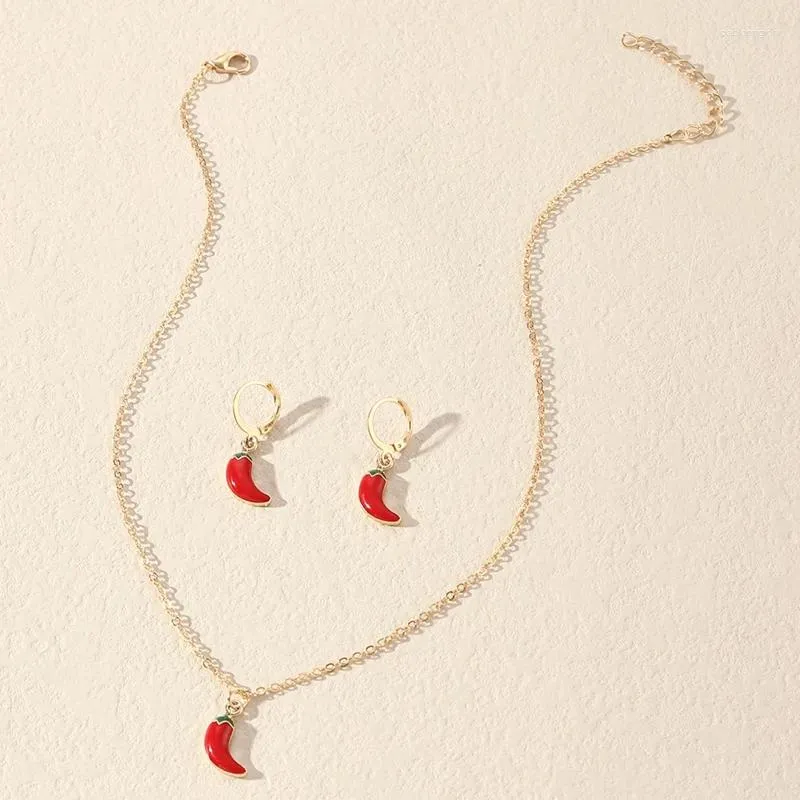 Collana Orecchini Set Coreano Carino Piccolo Rosso Smalto Ciondolo Clavicola Catena Con Peperoncino Gioielli Donna Festa_voghion.com