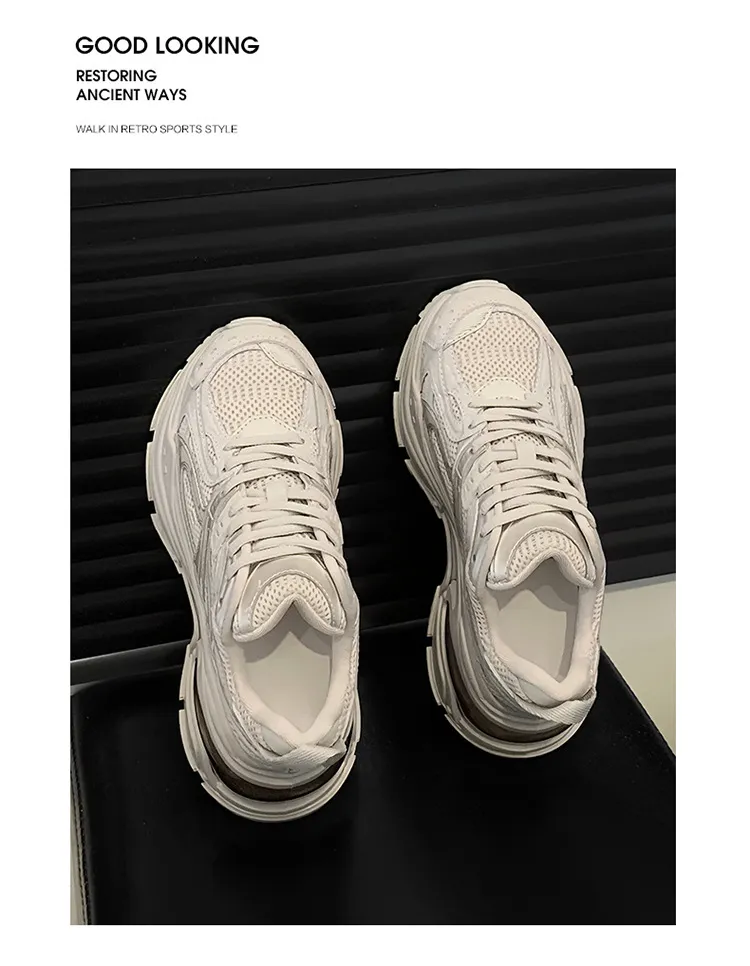 Genuine Leather Air Cushion Round Toe Thick Sole Dad With Mesh Surface For Comfortable Breathable Casual Sports Shoes_voghion.com