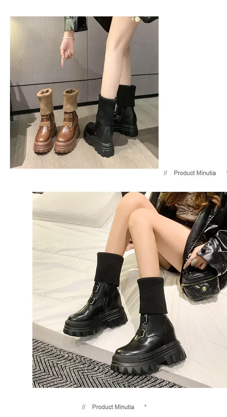 Platform Women Gothic Elastic Band Wedges Boots Frosted Leather Thick Sole Punk Internal Increated Short Botas Mujer_voghion.com
