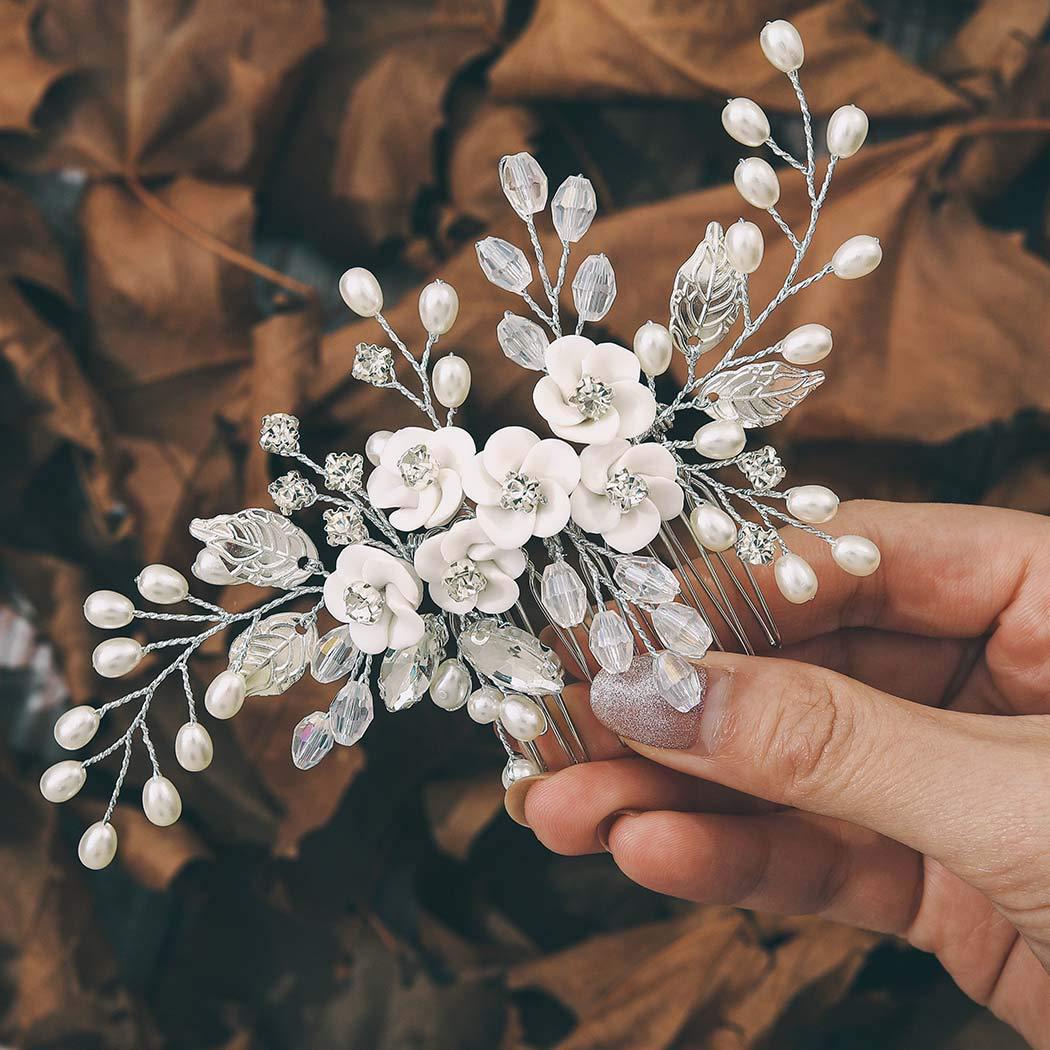 Peigne à cheveux en perles fait main, accessoire de coiffure de mariage, en céramique blanche douce et exclusive, avec fleurs incrustées de diamants_voghion.com