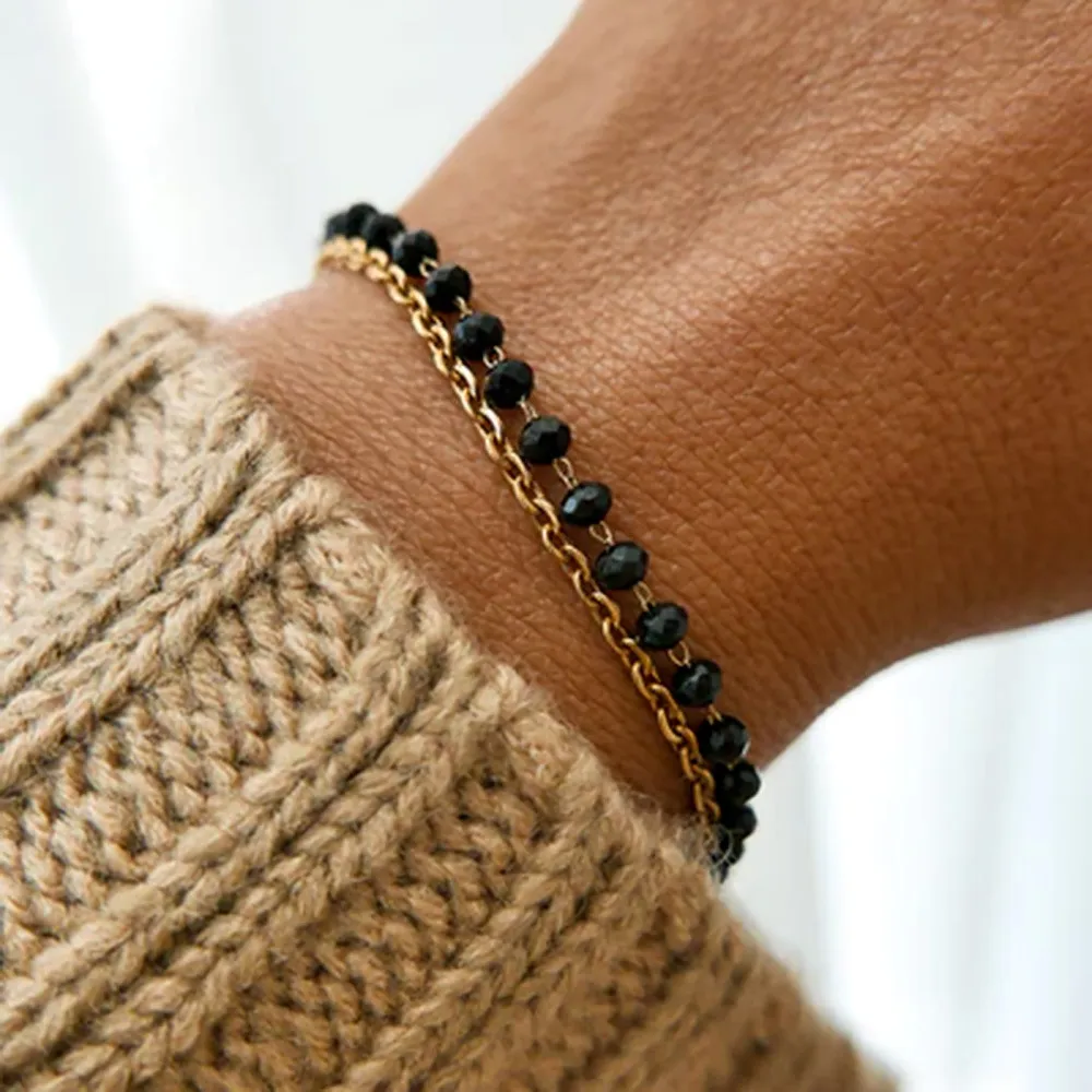 Lanțuri stil boho din oțel inoxidabil cu mărgele negre și piatră de sticlă dublă colier felie accesorii pentru femei_voghion.com