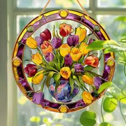 Attrape-soleil en forme de bouquet de tulipes - Art en acrylique sur vitrail de 20 cm. Décoration florale printanière pour porches ou pour une pendaison de crémaillère joyeuse._voghion.com