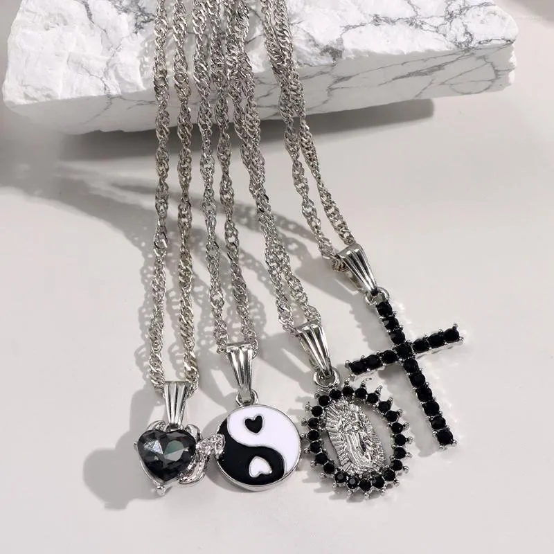 Colar com pingente de cruz e strass preto e corrente punk, moda multicamadas, retrato yin yang, corrente torcida para mulheres_voghion.com