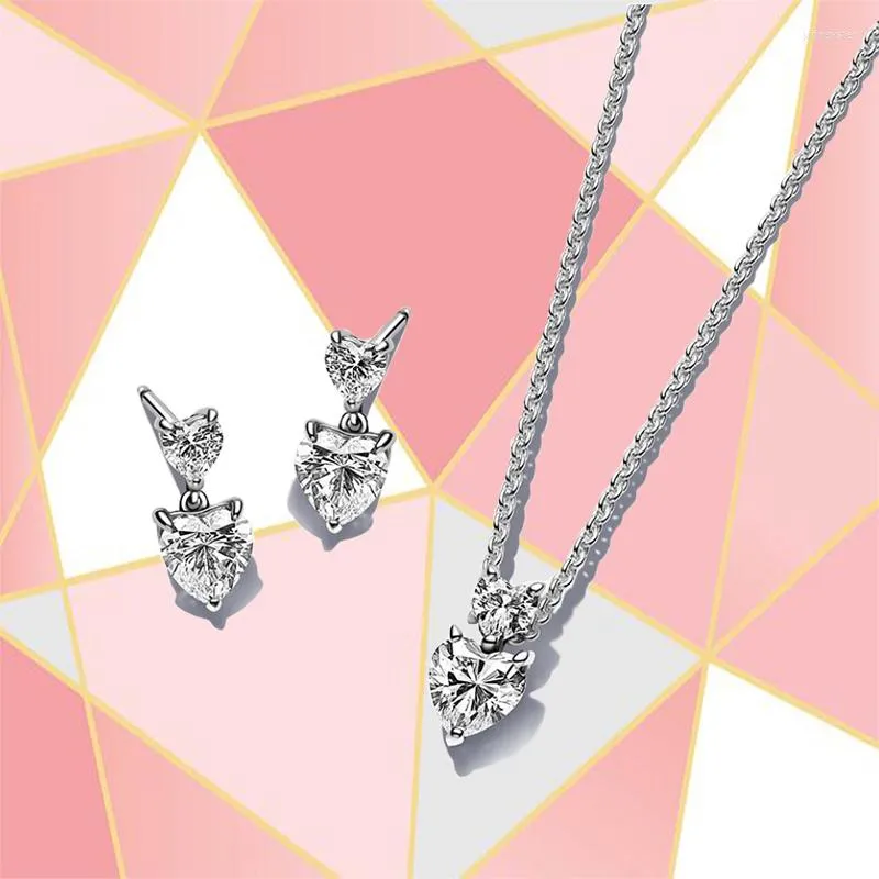 Catene 2023 Festa della mamma Alta qualità S Sterling Sier Shiny Double Heart Gioielli Set regalo Donna Moda Semplice_voghion.com
