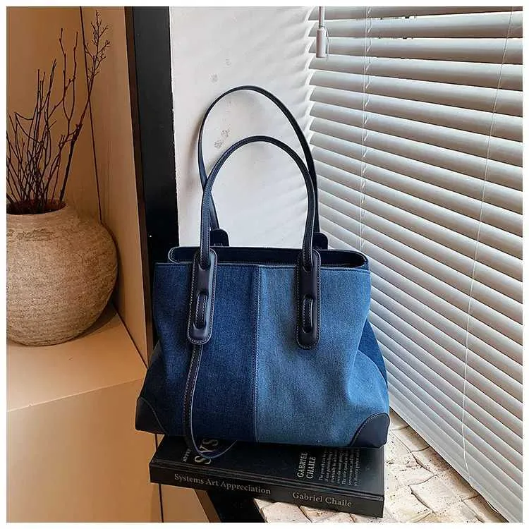 Borsa a mano in denim retrò da donna, a contrasto, con colori a contrasto, grande capacità, borsa a tracolla da viaggio, versatile, in PU, con toppa_voghion.com
