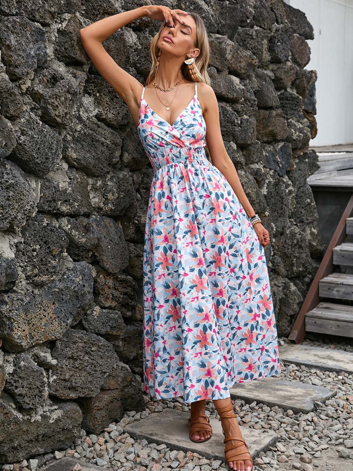 Women's Dress 2023 Summer Printed Suspender V-neck Waistband Women's Clothing_voghion.com