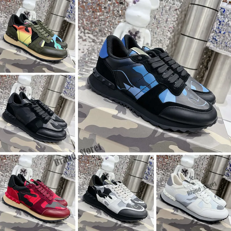 Designer Camouflage Men Casual Sneakers Top Quality Leather Platform Rivet Trainers Rubber Sole Military Triple Black_voghion.com