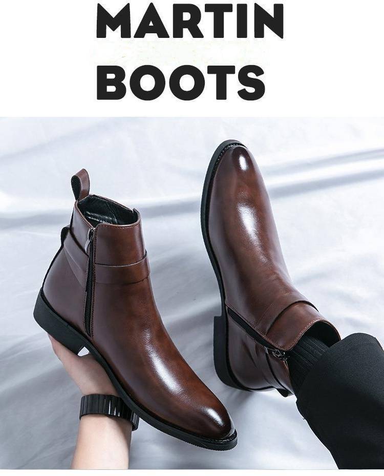 2025 Large-size Men's Boots, British Style, Fashionable High-top Leather Shoes, Side Zippers, Mid-top, Gentlemanly
