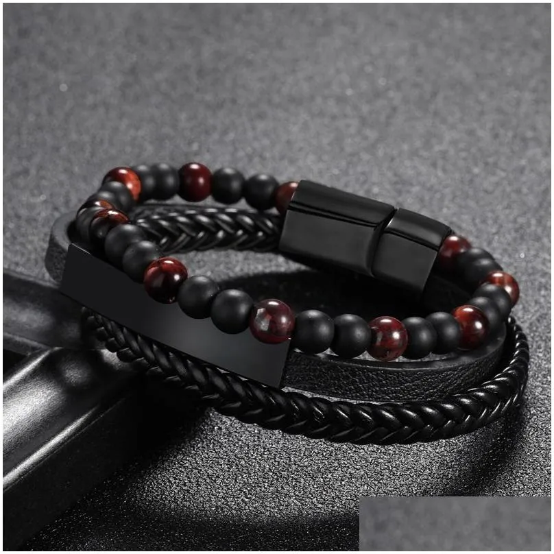 Multilayer Braided Leather Wrap Stone Lava Tiger Eye Natural Gemstone Bracelet Magnetic Clasp Bangle Cuff Wristband Drop_voghion.com