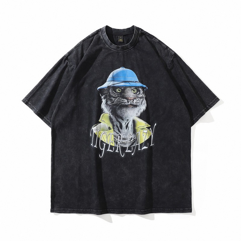 Maglietta estiva da uomo in stile americano, alla moda, vintage, lavata, con stampa di cane Doberman, a maniche corte, in cotone_voghion.com