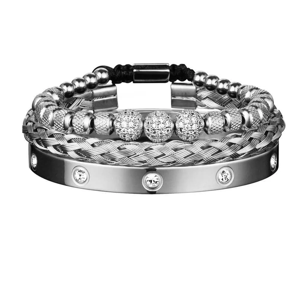 Pulseira 3 Deluxe Micro Pay CZ Contas Redondas Royal Charm Pulseira Masculina de Cristal em Aço Inoxidável Casal Joias Feitas à Mão Presentes_voghion.com