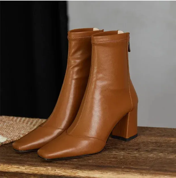 Vintage Dicke Frauen Stiefeletten Heels Boot Mode Spitzschuh Reißverschluss Winter Damenschuhe Leder Braun Kurze Booties_voghion.com