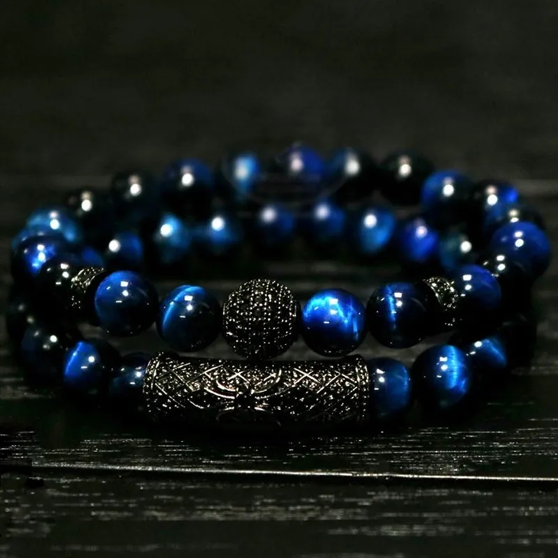 Set di braccialetti con perline di perle naturali di occhio di tigre da 2 pezzi/set, gioielli per uomo e donna, accessori per cinturino da polso in materiale elastico_voghion.com