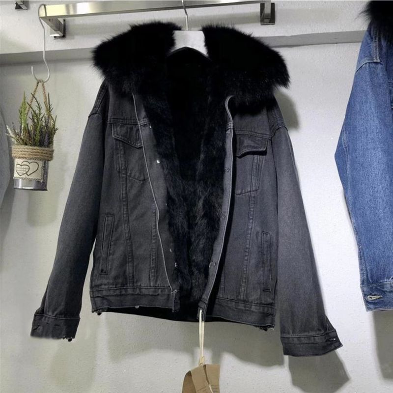 Abbigliamento da donna Plus Veet Cotton Loose Korean Style Denim Collo di pelliccia Giacca ispessita_voghion.com