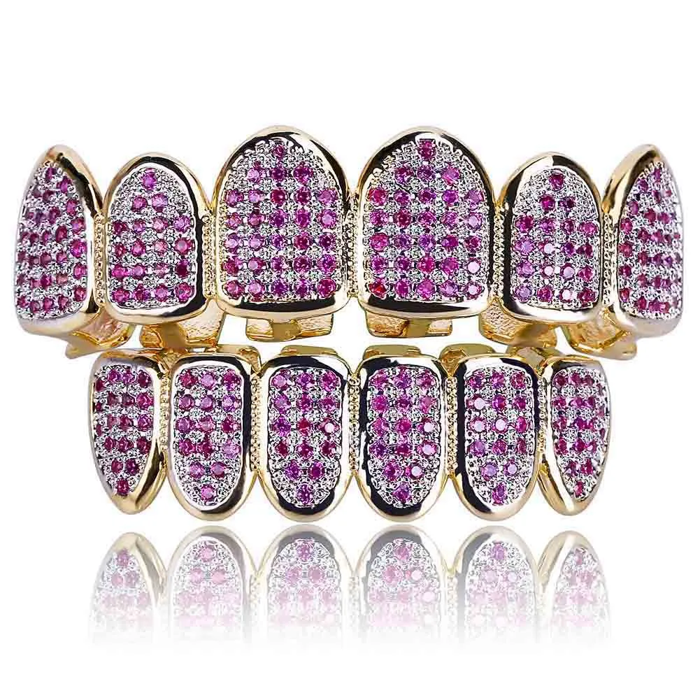 Rose Weißgold Vampir Grillz Iced Out Fang Grills Voller bunter Durchmesser Cosplay Zahnkappe Zahnspange_voghion.com