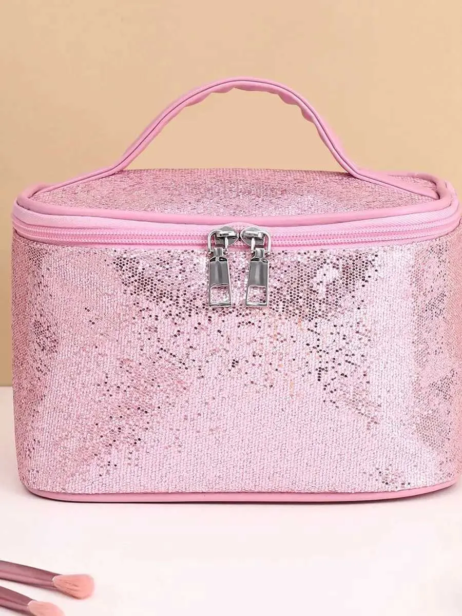 Tragbare, faltbare Make-up-Tasche mit rosa Glitzer Y241023_voghion.com