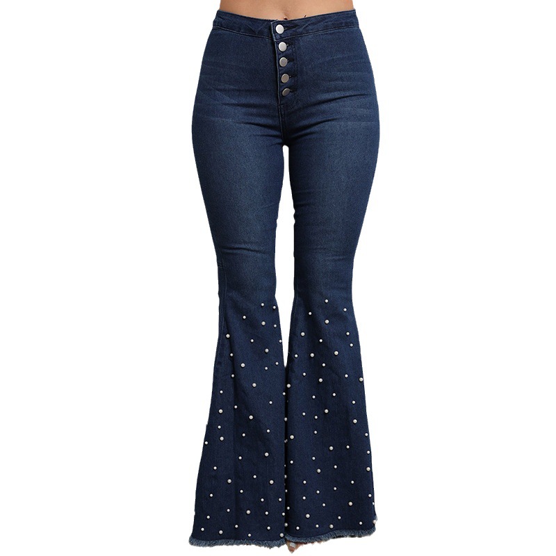 stretch jeans casual beaded flared trousers_voghion.com