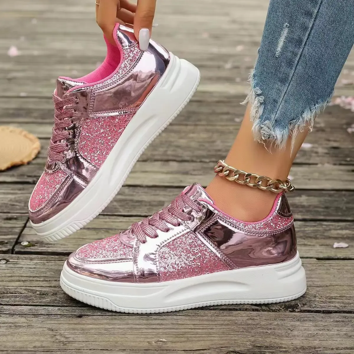 Women's Gold Sequins Platform Sneakers Autumn Fashion Casual Sports Thick Bottom Vulcanized Woman Flats Heels Shoes_voghion.com