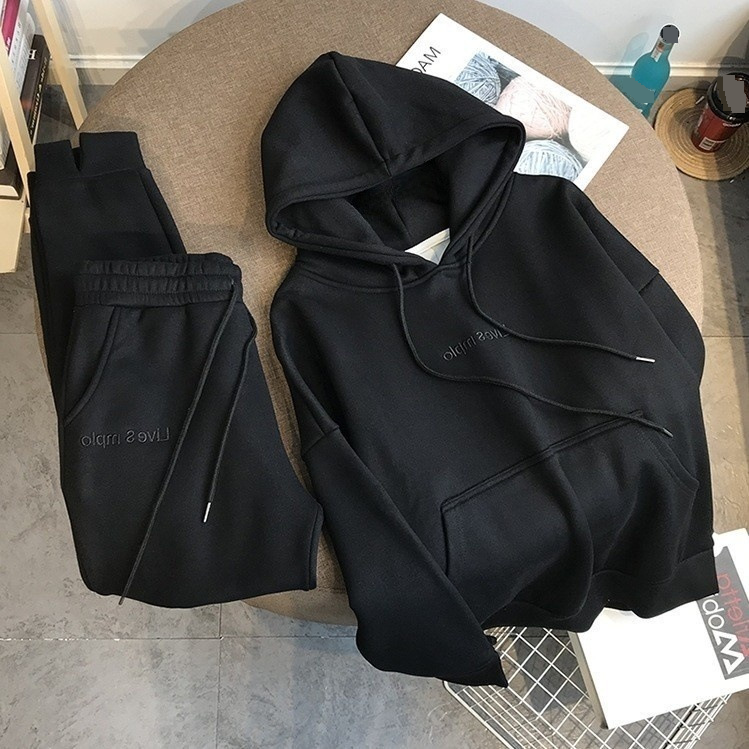 Women's Clothing New autumn and winter thickened velvet hooded sweatshirt women's suit solid color sports leisure fashion two piece top