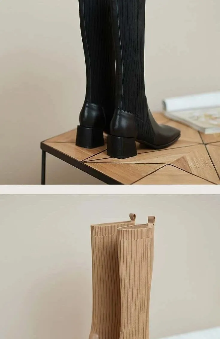 Knee Thick High Socks Winter Womens Long Boots Elegant Autumn Brown Wedge Elastic 241116_voghion.com