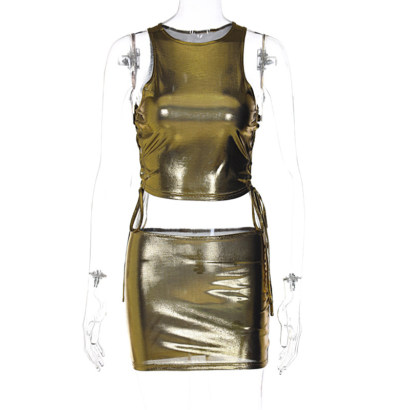 Set mezza gonna da donna 2024 Primavera Nuova linea Canotta piccola con scollo tondo con lacci laterali vuoti Vestibilità slim_voghion.com