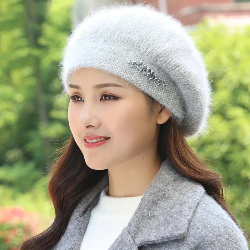 BeanieSkull Caps Beret Women Winter Hat Angora Autumn Knit Beanie Warm Thick Pearl Double Layers Snow Skiing Outdoor_voghion.com