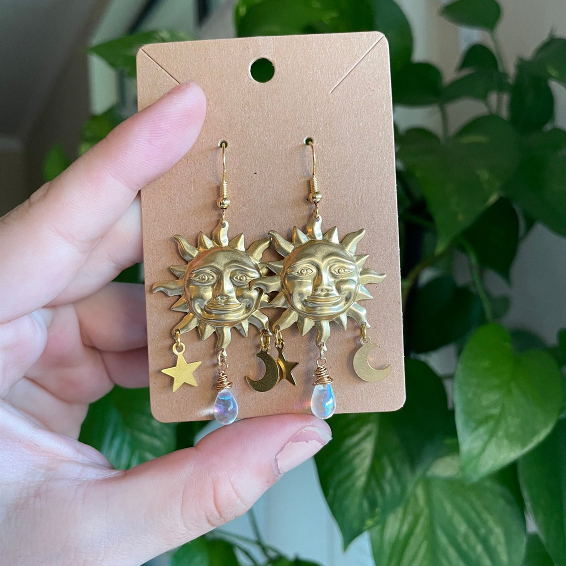 Celestial water beads Sun and moon charm earrings_voghion.com