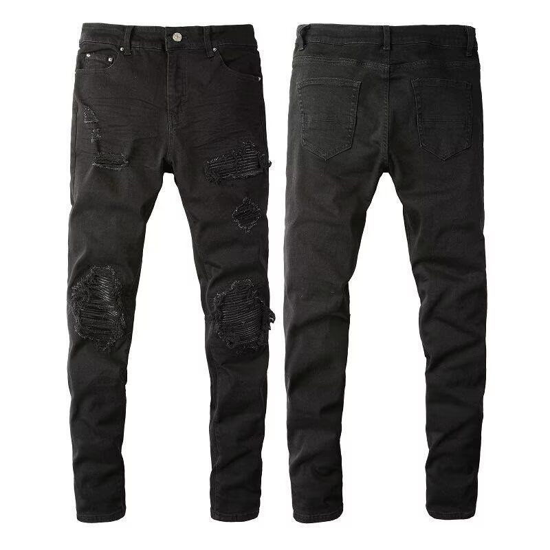 Men’s Clothing Fashion Brand Washed Scratched Patches Paint Graffiti Stretch Slim Jeans