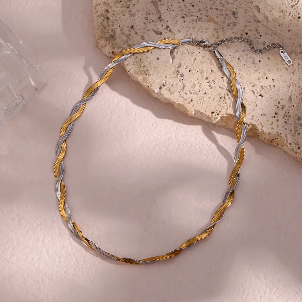 Catene in vendita Drop 2 toni Herryingbone Chain Braided Mix Choker Necklace Corta in acciaio inossidabile_voghion.com