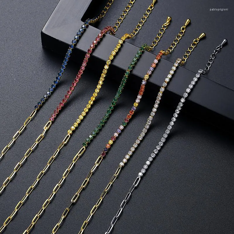 Link Armbanden Tennis Armband Voor Vrouwen Veelkleurige Regenboog CZ Kleurrijke Kubieke Zirkoon Paperclip Valentijnsdag Cadeau_voghion.com