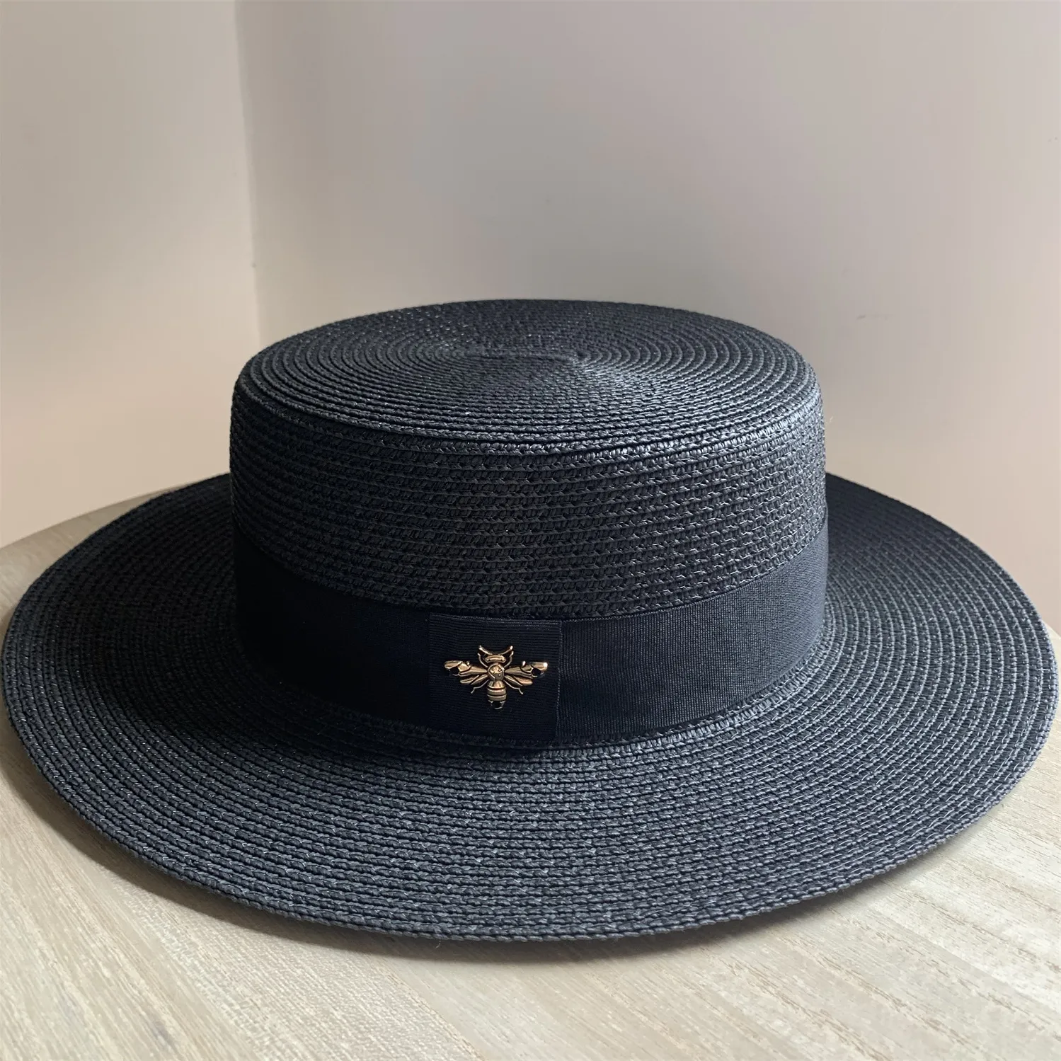 Zomer heren en dames zwarte brede rand platte bovenkant vizier little bee protection resort strand veelzijdige zonnestrohoed_voghion.com