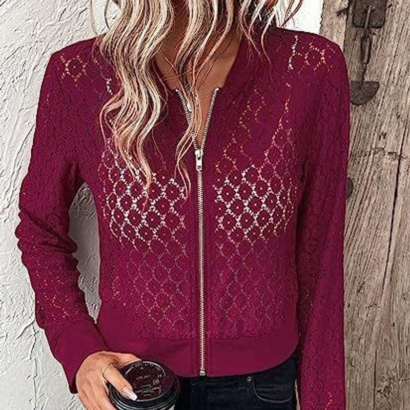 Women's clothing transparent lace long-sleeved zipper front baseball collar pilot jacket cross-border outerwear_voghion.com