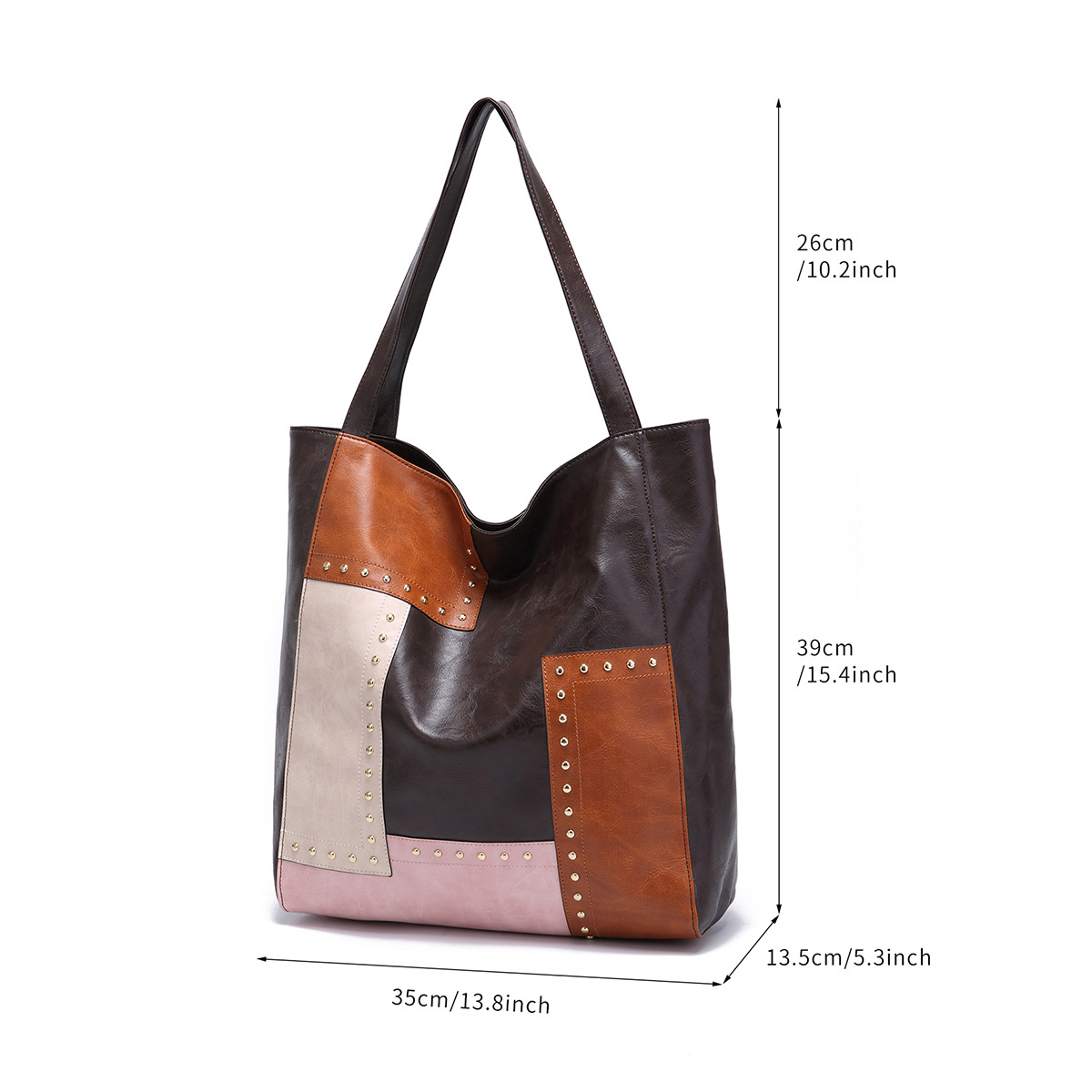 Borsa da donna, stile retrò, con rivetti, cuciture a contrasto, grande capacità, borsa a tracolla da donna_voghion.com