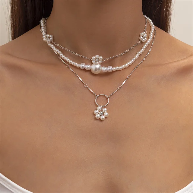 2024 Mode Flernivå Halsband För Kvinnor Kvinnlig Vintage Krage Guldfärg Konstgjord Pärla Blomma Hängsmycken Gåva_voghion.com