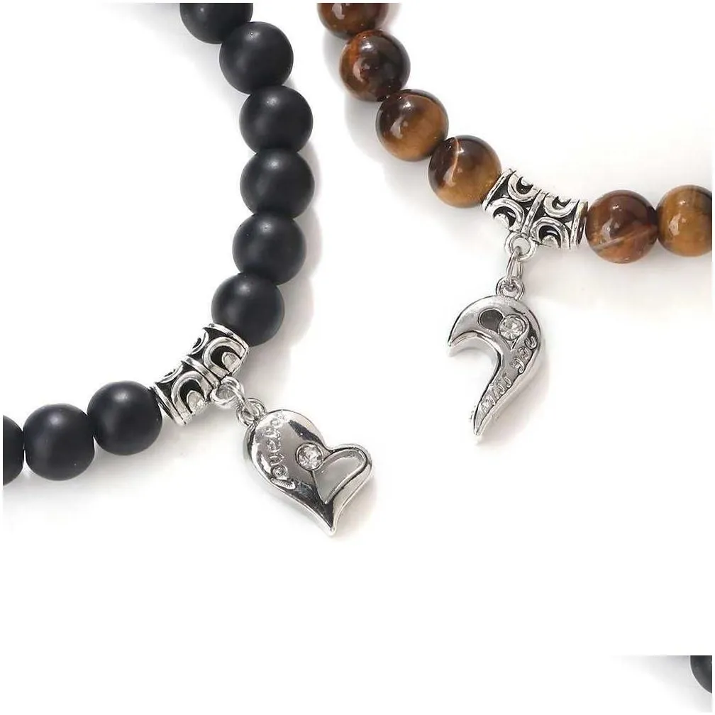 2 Stéck/Set Häerzfërmeg Magnéitesch Koppelarmbänner aus Natursteenperlen, charmant Magnete, passend Kaddoe fir Léifsten_voghion.com