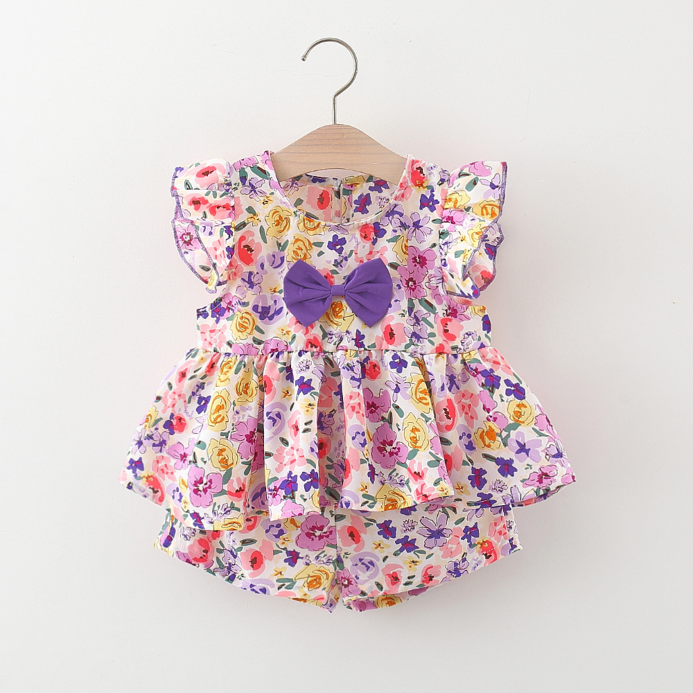 Baby Mädchen Kleidung Set Blume Gedruckt Bogen Top + Baumwolle Shorts Koreanischen Stil Kinder Kleidung_voghion.com