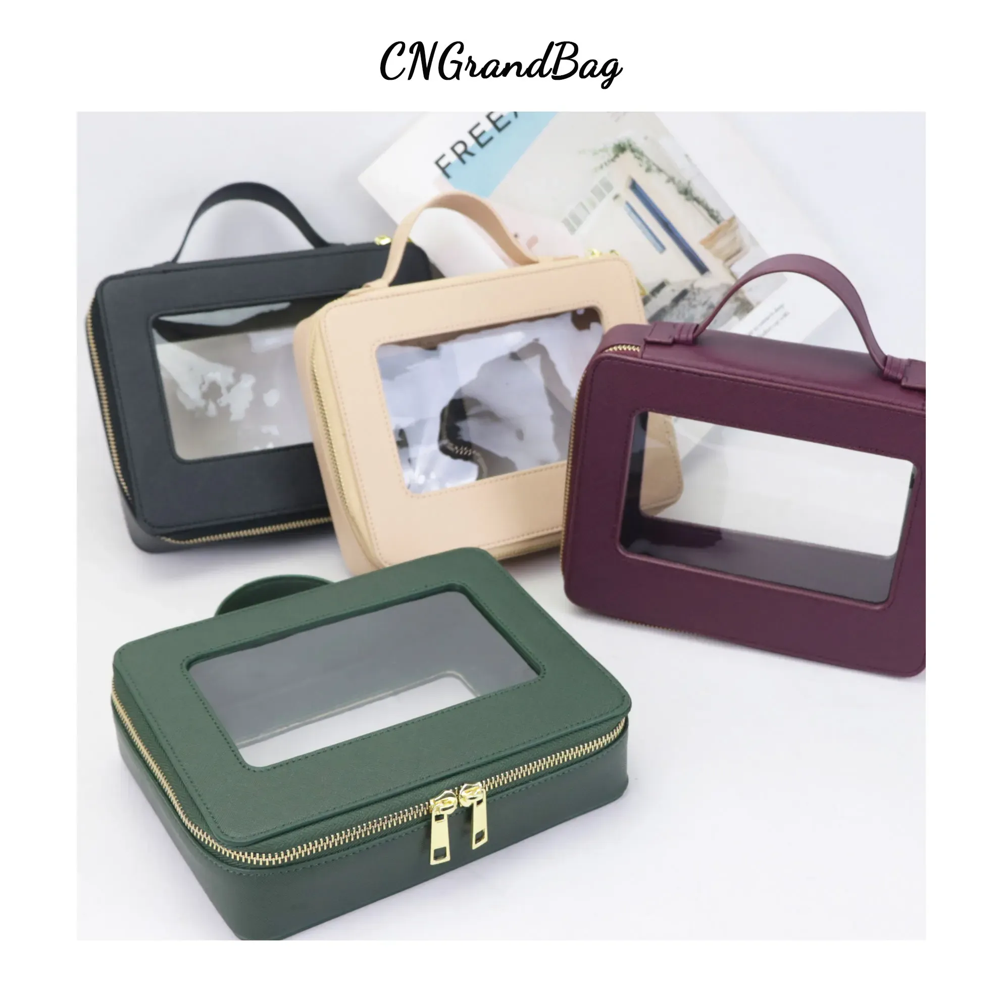 Trousse de toilette personnalisée en cuir véritable, colorée, classique, portable, voyage, transparente, en PVC, cosmétique, TPU_voghion.com