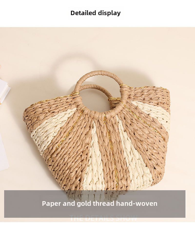 Handtaschen, Strohtaschen im ländlichen Stil mit großem Fassungsvermögen, neue handgewebte Taschen in Kontrastfarbe,_voghion.com