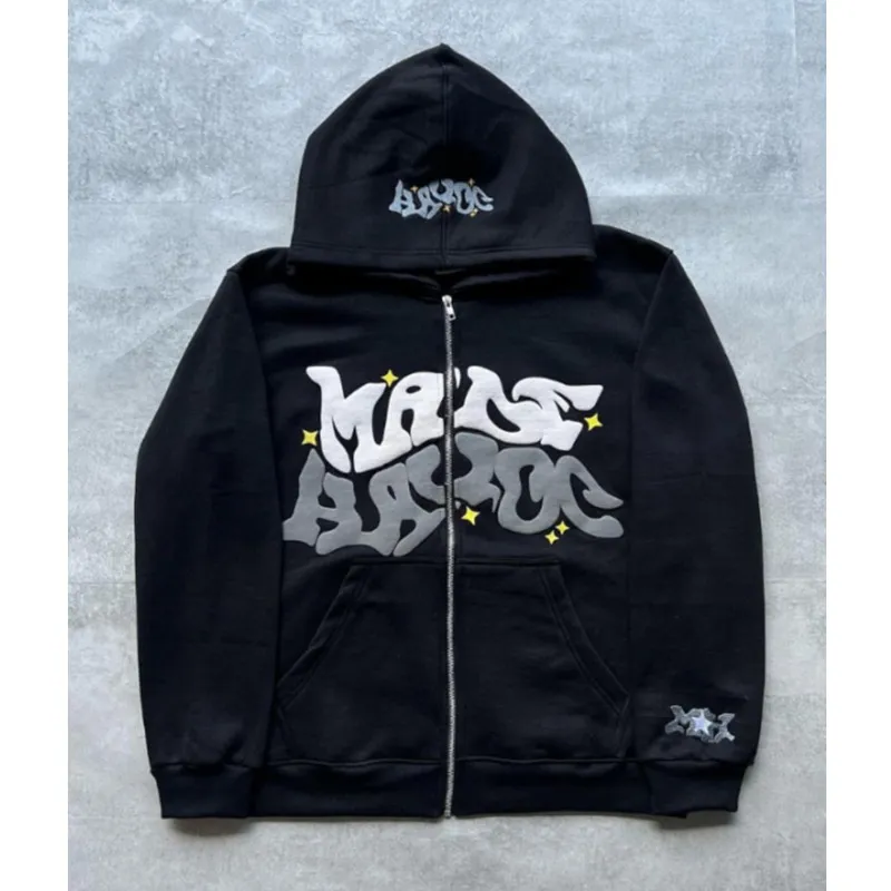 Moške puloverje s kapuco z retro črkovnim potiskom, ameriške ulične modne majice z zadrgo, prevelike puloverje z dolgimi rokavi in ​​hip hop jakno._voghion.com