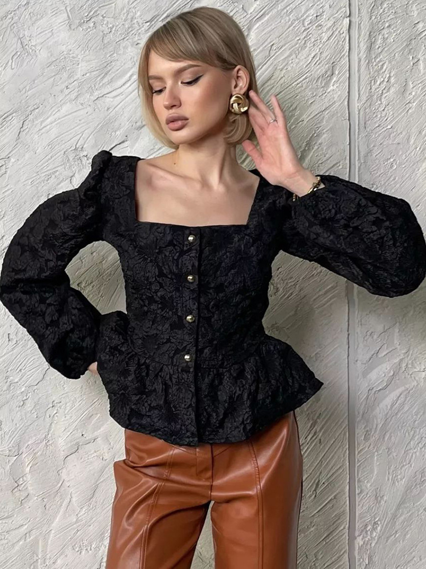 Top a maniche lunghe da donna con maniche a sbuffo jacquard, design versatile, collo quadrato, nicchia_voghion.com