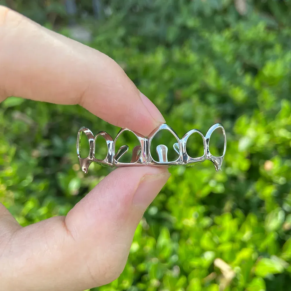 RACHELZ Fashion 6/6 Denti completamente cavi 14K placcati oro Dentiere Decor Bretelle Zanne Griglie dentali per uomo Donna Gioielli_voghion.com