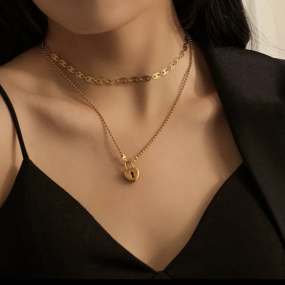 Collane con ciondolo ModaAcciaio inossidabile Collana a forma di cuore con lucchetto per donna Catena d'amore Oro Doppio girocollo Gioielli impermeabili_voghion.com
